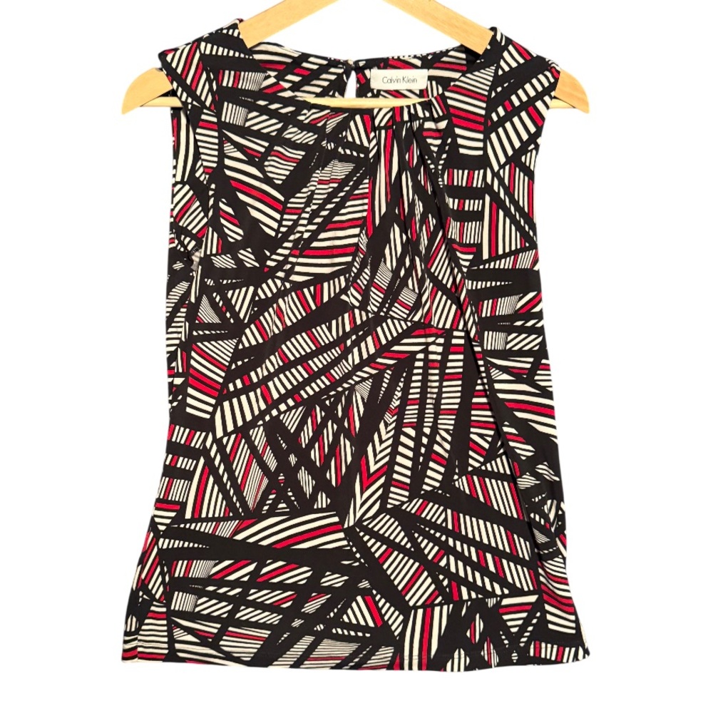 Calvin Klein Black White Red Abstract Print Sleeveless Blouse Size M